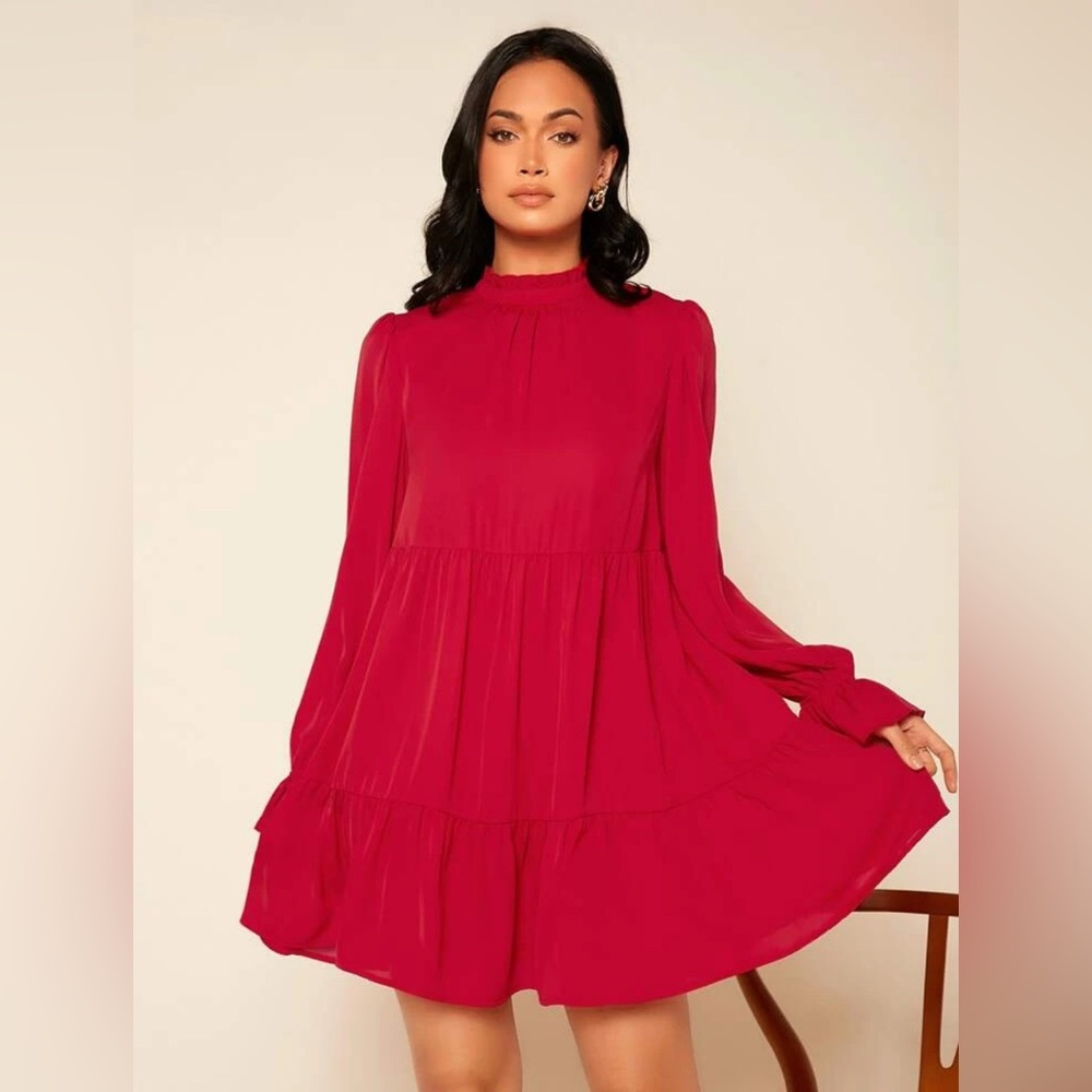 SHEIN Red Smocked Sundress with Bishop Sleeves